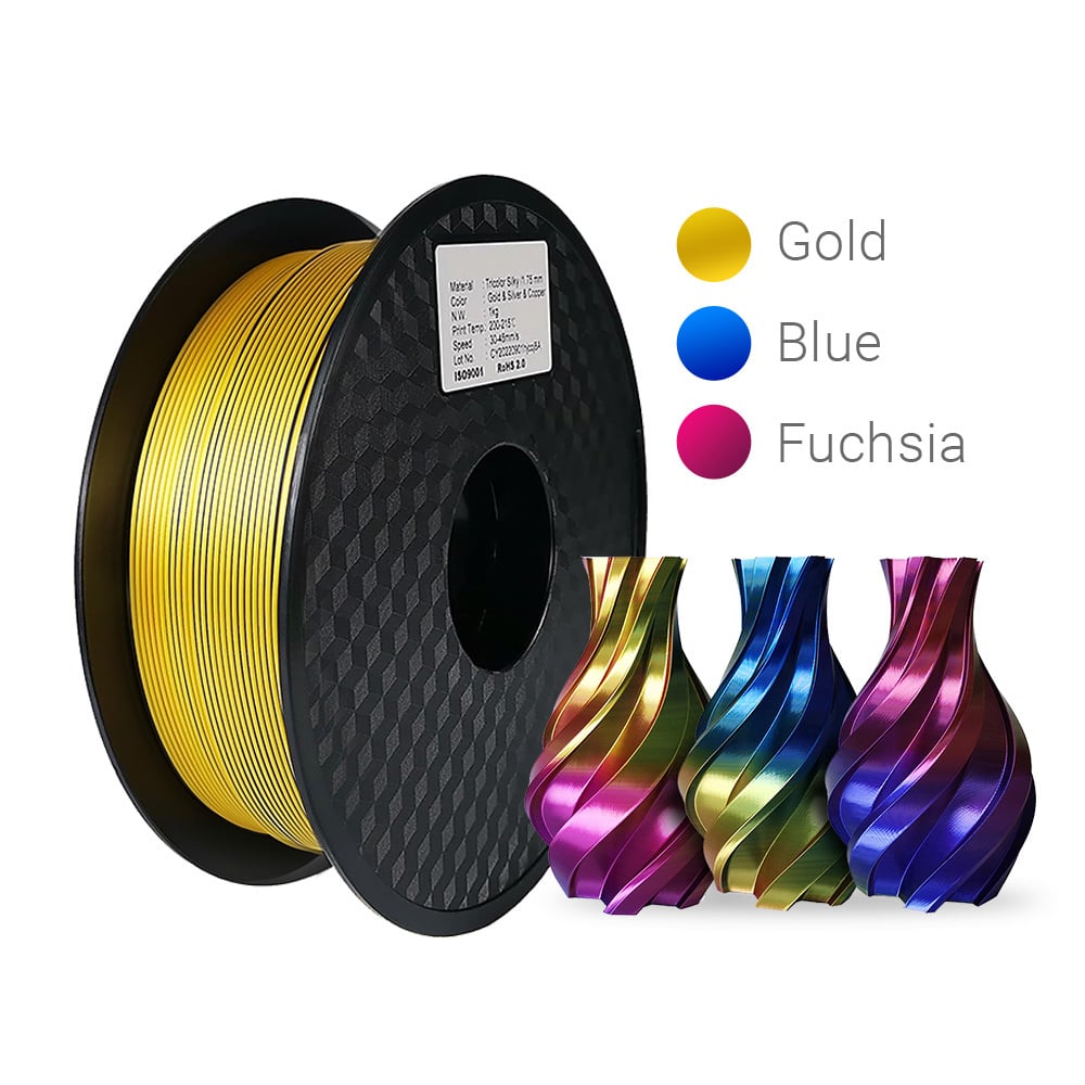 1 X Silk PLA 3D Filament 1 75mm Tricolour Gold Blue Fuchsia 1KG