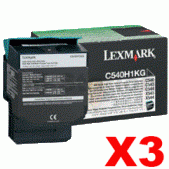 3 x Lexmark (C540H1KG) Genuine C540 / C543 / C544 / C546 / X543 / X544 / X546 Black HY Toner Cartridge - 2,500 pages