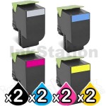 2 sets of 4 Pack Lexmark Compatible CX410 / CX510 Toner Cartridges High Yield - BK 4,000 pages, C/M/Y 3,000 pages