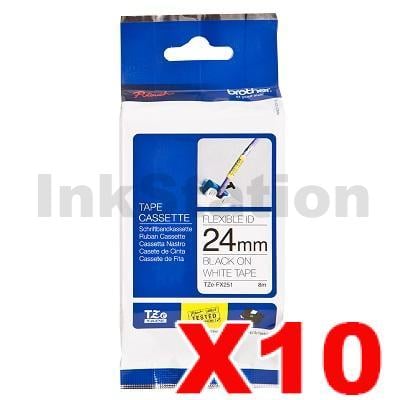 10 x Genuine Brother TZe-FX251 24mm Black Text on White Flexible ID Laminated Tape - 8 metres