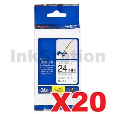 20 x Genuine Brother TZe-FX251 24mm Black Text on White Flexible ID Laminated Tape - 8 metres