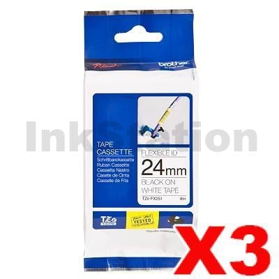 3 x Genuine Brother TZe-FX251 24mm Black Text on White Flexible ID Laminated Tape - 8 metres