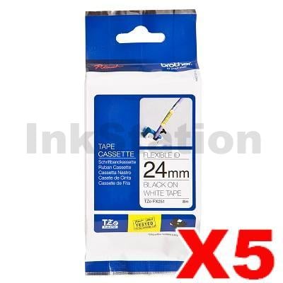 5 x Genuine Brother TZe-FX251 24mm Black Text on White Flexible ID Laminated Tape - 8 metres