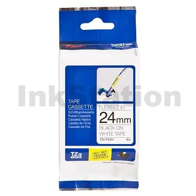 Genuine Brother TZe-FX251 24mm Black Text on White Flexible ID Laminated Tape - 8 metres