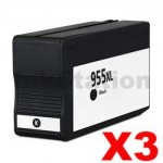 3 x HP 955XL Compatible Black High Yield Inkjet Cartridge L0S72AA - 2,000 Pages