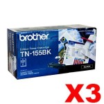 3 x Brother TN-155BK Genuine Black Toner Cartridge - 5,000 pages (TN155 is High Capacity Version of TN150)