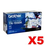 5 x Brother TN-155BK Genuine Black Toner Cartridge - 5,000 pages (TN155 is High Capacity Version of TN150)