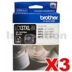 3 x Genuine Brother LC-137XLBK High Yield Black Ink Cartridge - 1,200 Pages