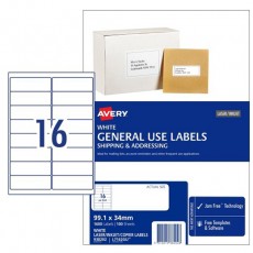 AVERY #938202 White General Use Labels 16UP 99.1 x 34mm - L7162GU (1600 Labels/100 Sheets)
