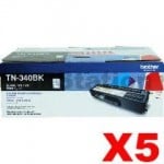 5 x Genuine Brother TN-340BK Black Toner Cartridge - 2,500 pages