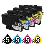 20 Pack Brother LC-3339XL Compatible High Yield Ink Cartridge Combo [5BK, 5C, 5M, 5Y]