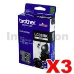 3 x Genuine Brother LC-38BK Black Inkjets - 300 pages