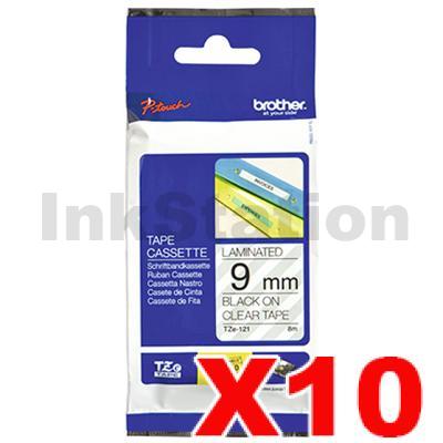 Brother 10 x TZe-121 Genuine 9mm Black Text on Clear Tape - 8 meters - P-Touch Tape Cartridges 