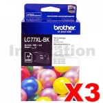 3 x Genuine Brother LC-77XLBK High Yield Black Ink Cartridge - 2,400 pages each