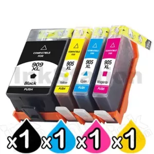 4 Pack HP 909XL BK & 905XL C,M,Y Compatible High Yield Inkjet Combo T6M21AA, T6M05AA, T6M09AA, T6M13AA [1BK,1C,1M,1Y]
