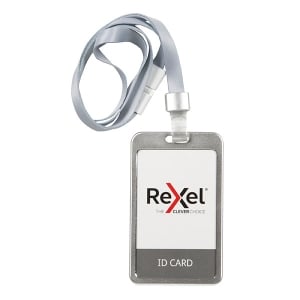 Rexel ID Portrait Aluminium Card Holder with Lanyard Silver Pack of 1