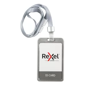 Rexel ID Portrait Aluminium Card Holder with Lanyard Silver Pack of 1