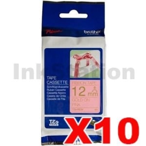 10 x Genuine Brother TZe-RE34 12mm Gold Text on Pink Ribbon Tape - 4 metres