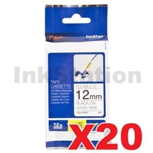 20 x Genuine Brother TZe-FX231 12mm Black Text on White Flexible ID Laminated Tape - 8 metres