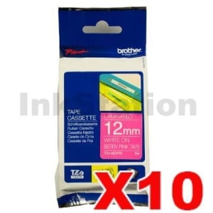 10 x Genuine Brother TZe-MQP35 12mm White Text on Berry Pink Laminated Tape - 5 metres
