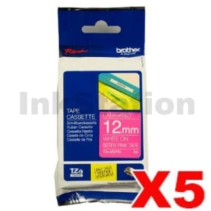 5 x Genuine Brother TZe-MQP35 12mm White Text on Berry Pink Laminated Tape - 5 metres