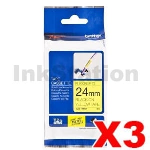 3 x Genuine Brother TZe-FX651 24mm Black Text on Yellow Flexible ID Laminated Tape - 8 metres