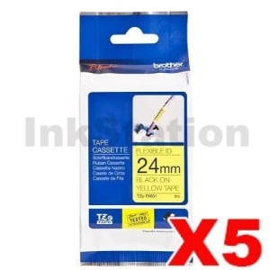 5 x Genuine Brother TZe-FX651 24mm Black Text on Yellow Flexible ID Laminated Tape - 8 metres