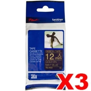 3 x Genuine Brother TZe-RN34 12mm Gold Text on Navy Blue Ribbon Tape - 4 metres