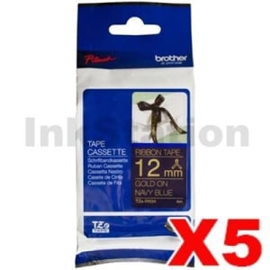 5 x Genuine Brother TZe-RN34 12mm Gold Text on Navy Blue Ribbon Tape - 4 metres