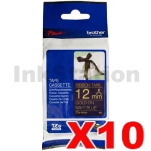10 x Genuine Brother TZe-RN34 12mm Gold Text on Navy Blue Ribbon Tape - 4 metres