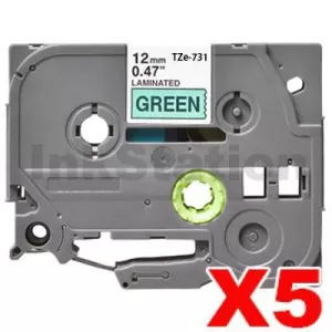 5 x Compatible Brother TZe-731 12mm Black Text on Green Laminated Tape - 8 meters