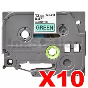 10 x Compatible Brother TZe-731 12mm Black Text on Green Laminated Tape - 8 meters