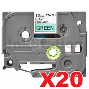 20 x Compatible Brother TZe-731 12mm Black Text on Green Laminated Tape - 8 meters