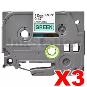 3 x Compatible Brother TZe-731 12mm Black Text on Green Laminated Tape - 8 meters