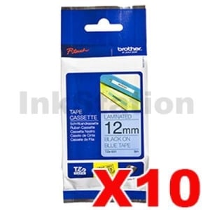 10 x Genuine Brother TZe-531 12mm Black Text on Blue Laminated Tape - 8 meters