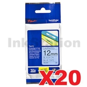 20 x Genuine Brother TZe-531 12mm Black Text on Blue Laminated Tape - 8 meters