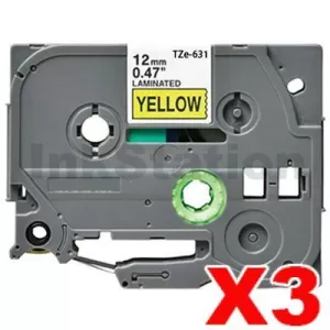 3 x Compatible Brother TZe-631 12mm Black Text on Yellow Laminated Tape - 8 meters