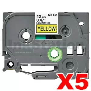 5 x Compatible Brother TZe-631 12mm Black Text on Yellow Laminated Tape - 8 meters