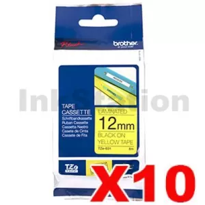10 x Genuine Brother TZe-631 12mm Black Text on Yellow Laminated Tape - 8 meters