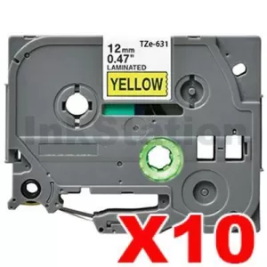 10 x Compatible Brother TZe-631 12mm Black Text on Yellow Laminated Tape - 8 meters