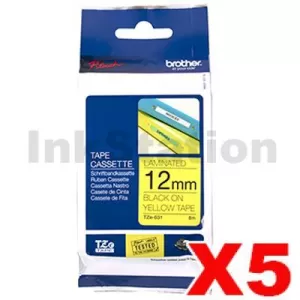 5 x Genuine Brother TZe-631 12mm Black Text on Yellow Laminated Tape - 8 meters