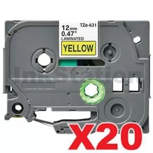 20 x Compatible Brother TZe-631 12mm Black Text on Yellow Laminated Tape - 8 meters