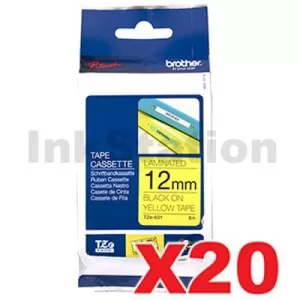 20 x Genuine Brother TZe-631 12mm Black Text on Yellow Laminated Tape - 8 meters