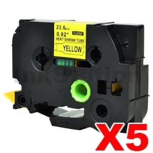 5 x Compatible Brother HSe-651 23.6mm Black Text on Yellow Heat Shrink Tube Tape - 1.5 meters