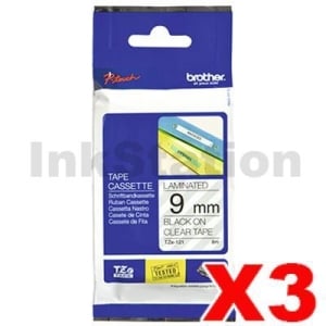 3 x Genuine Brother TZe-121 9mm Black Text on Clear Laminated Tape - 8 meters