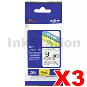 3 x Genuine Brother TZe-121 9mm Black Text on Clear Laminated Tape - 8 meters