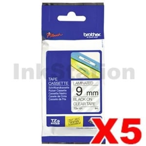 5 x Genuine Brother TZe-121 9mm Black Text on Clear Laminated Tape - 8 meters