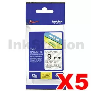 5 x Genuine Brother TZe-121 9mm Black Text on Clear Laminated Tape - 8 meters