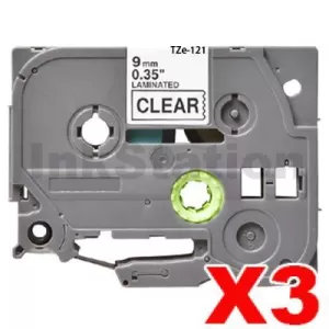 3 x Compatible Brother TZe-121 9mm Black Text on Clear Laminated Tape - 8 meters