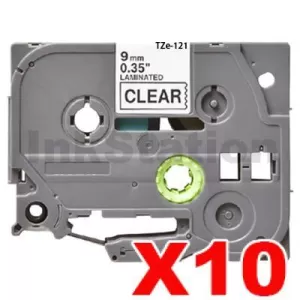 10 x Compatible Brother TZe-121 9mm Black Text on Clear Laminated Tape - 8 meters